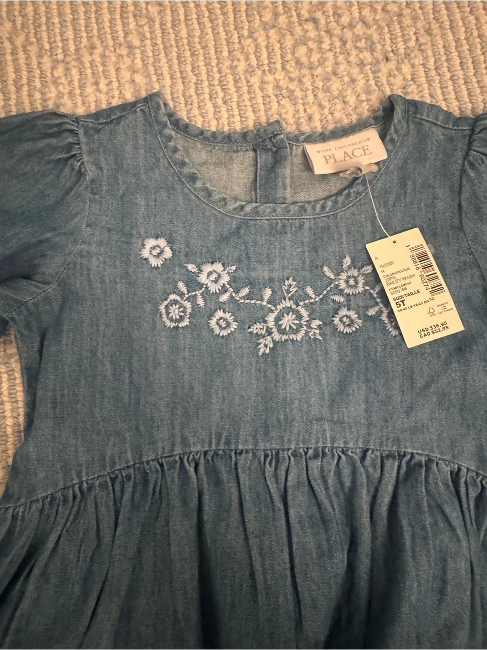 NWT The Children’s Place Blue Long-Sleeve Embroidered Denim Dress for Kids